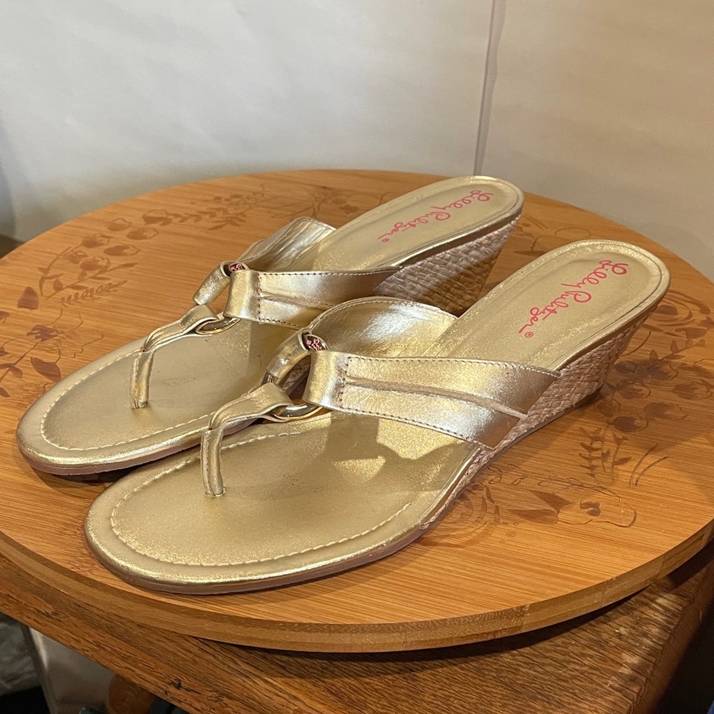 Lilly Pulitzer McKim Gold Wedge Sandals Womens size 9 1/2